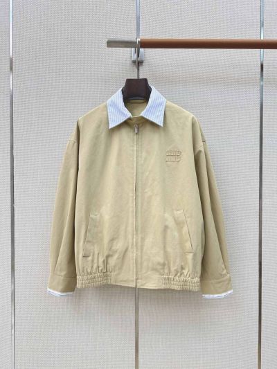 Miu Miu Turn-Down Collar Striped Jacket in Beige
