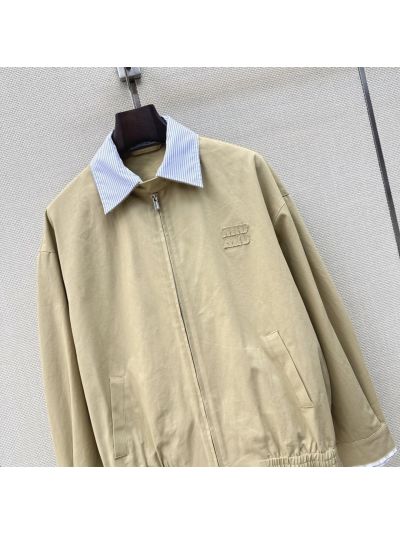 Miu Miu Turn-Down Collar Striped Jacket in Beige