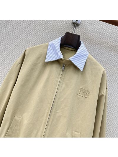 Miu Miu Turn-Down Collar Striped Jacket in Beige