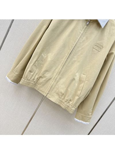 Miu Miu Turn-Down Collar Striped Jacket in Beige