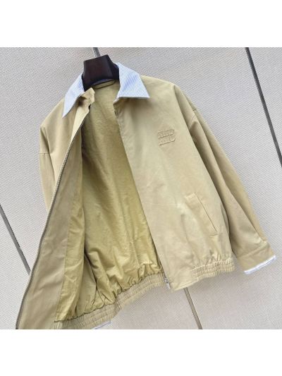 Miu Miu Turn-Down Collar Striped Jacket in Beige