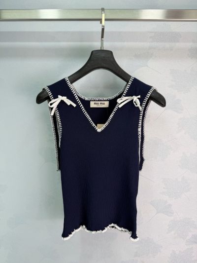 Miu Miu V-Neck Bow Top in Navy