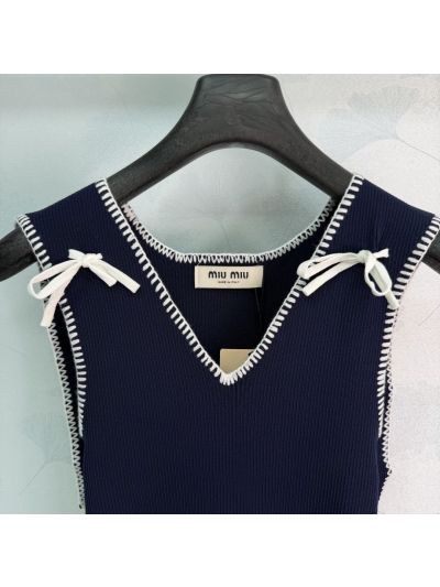 Miu Miu V-Neck Bow Top in Navy