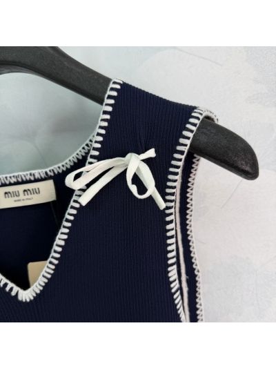 Miu Miu V-Neck Bow Top in Navy