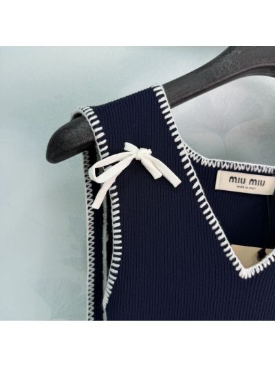 Miu Miu V-Neck Bow Top in Navy