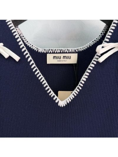 Miu Miu V-Neck Bow Top in Navy