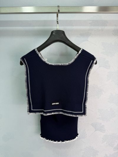 Miu Miu V-Neck Bow Top in Navy