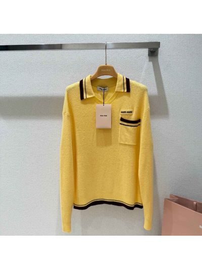 Miu Miu V-Neck Contrast-Trim Sweater in Yellow