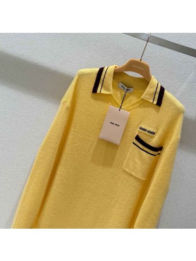 Miu Miu V-Neck Contrast-Trim Sweater in Yellow