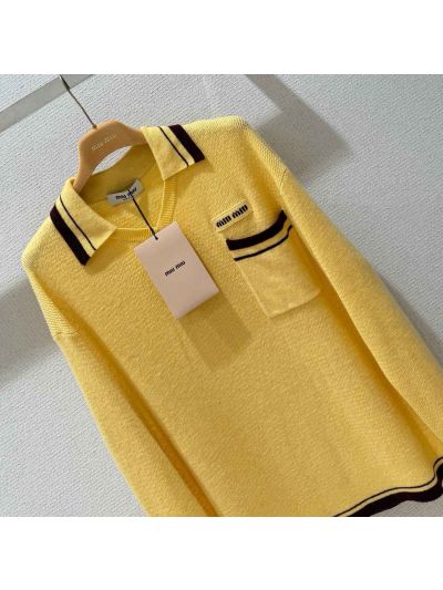 Miu Miu V-Neck Contrast-Trim Sweater in Yellow