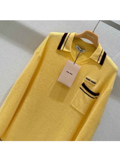 Miu Miu V-Neck Contrast-Trim Sweater in Yellow