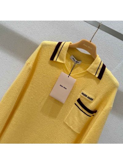 Miu Miu V-Neck Contrast-Trim Sweater in Yellow
