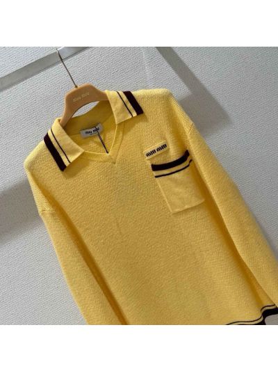Miu Miu V-Neck Contrast-Trim Sweater in Yellow