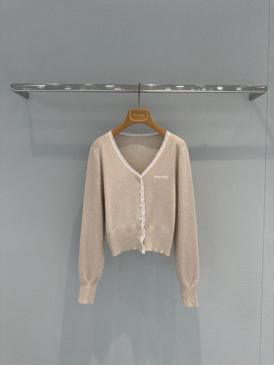 Miu Miu V-Neck Embroidered Cardigan in Light Gray