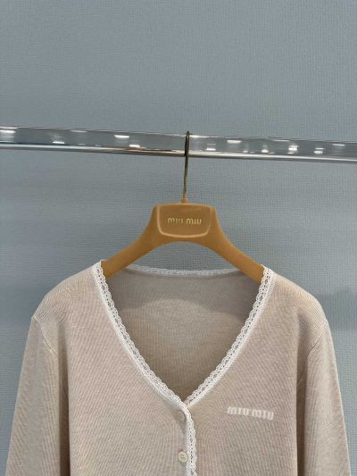 Miu Miu V-Neck Embroidered Cardigan in Light Gray