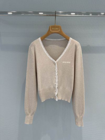 Miu Miu V-Neck Embroidered Cardigan in Light Gray