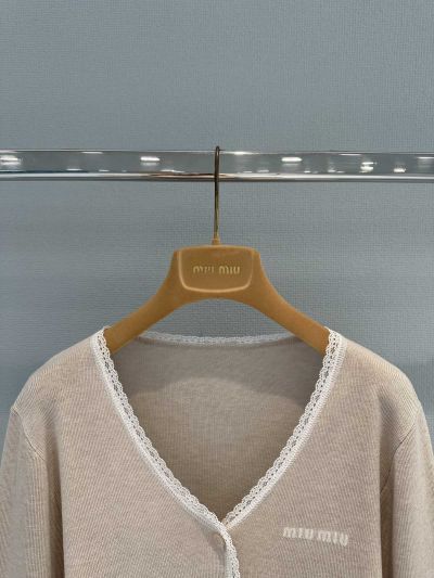 Miu Miu V-Neck Embroidered Cardigan in Light Gray