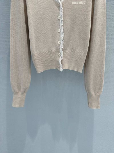 Miu Miu V-Neck Embroidered Cardigan in Light Gray