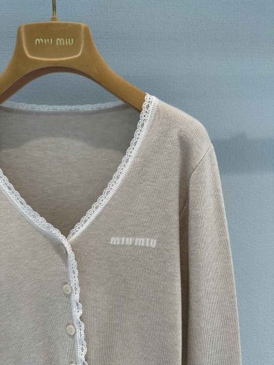 Miu Miu V-Neck Embroidered Cardigan in Light Gray