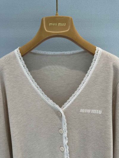 Miu Miu V-Neck Embroidered Cardigan in Light Gray