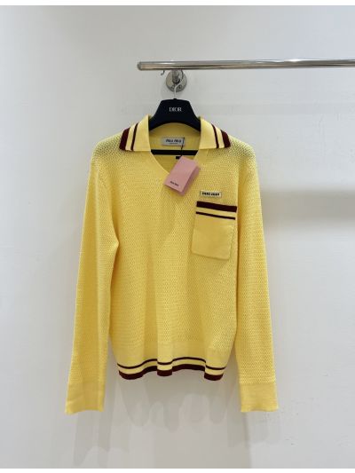 Miu Miu V-Neck Long Sleeve Knit Top in Yellow