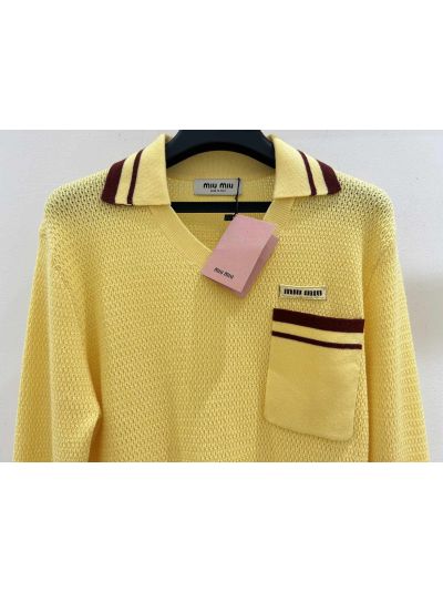 Miu Miu V-Neck Long Sleeve Knit Top in Yellow