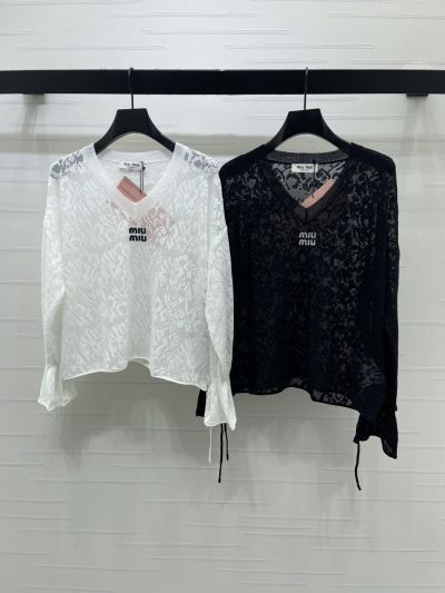 Miu Miu V-Neck Long Sleeve Top in White