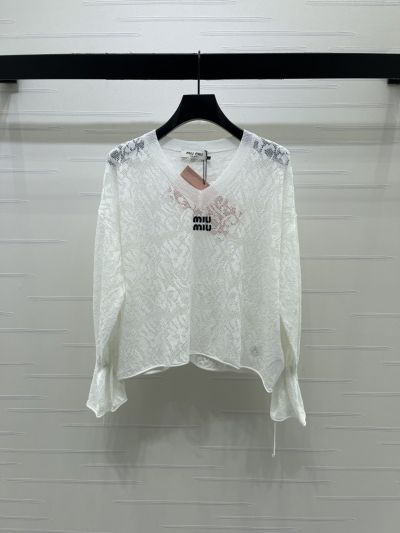 Miu Miu V-Neck Long Sleeve Top in White