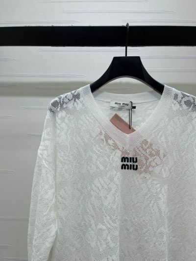 Miu Miu V-Neck Long Sleeve Top in White