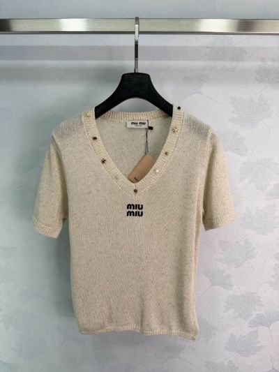 Miu Miu V-Neck Short Sleeve Knit Top in Beige