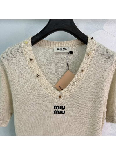 Miu Miu V-Neck Short Sleeve Knit Top in Beige