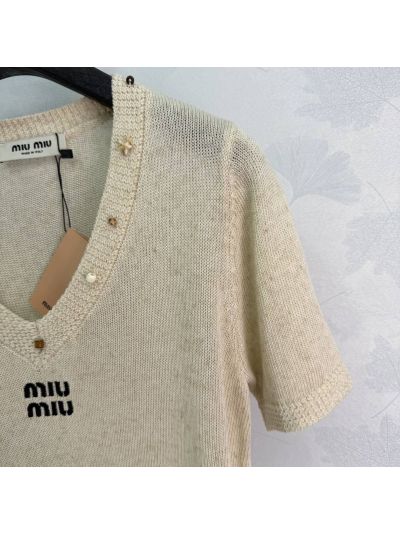 Miu Miu V-Neck Short Sleeve Knit Top in Beige