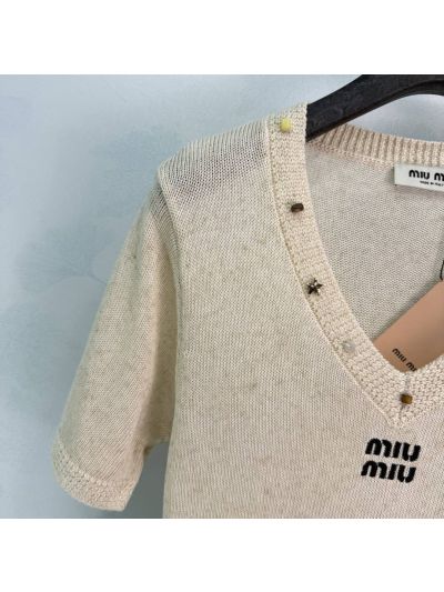 Miu Miu V-Neck Short Sleeve Knit Top in Beige