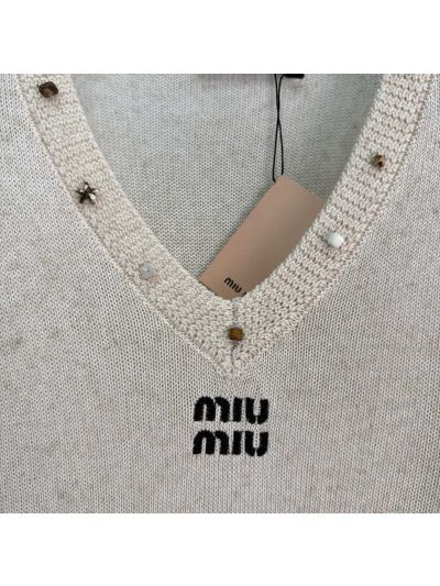 Miu Miu V-Neck Short Sleeve Knit Top in Beige