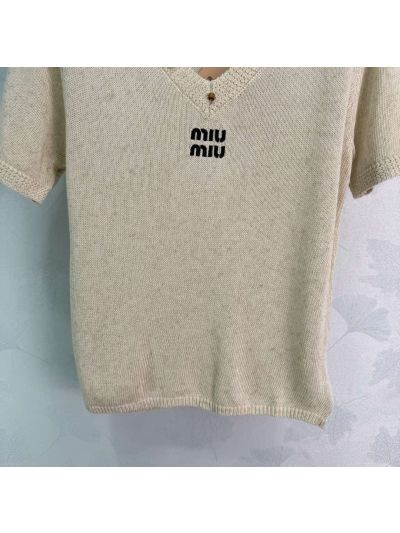 Miu Miu V-Neck Short Sleeve Knit Top in Beige