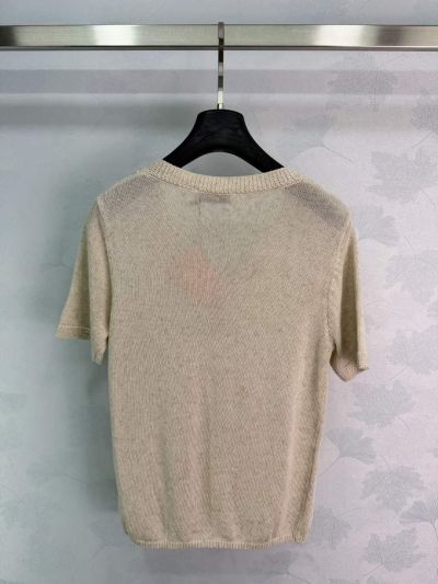 Miu Miu V-Neck Short Sleeve Knit Top in Beige