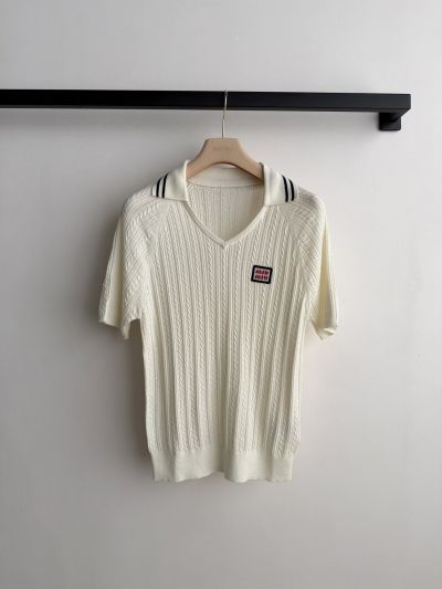 Miu Miu V-Neck Short Sleeve Knit Top in White