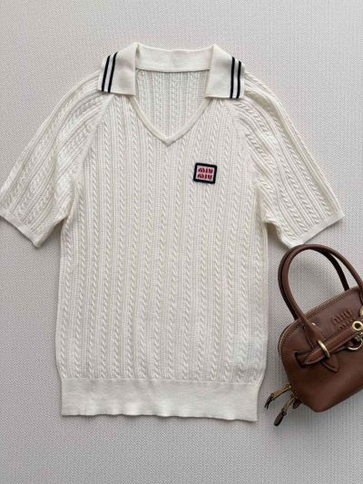 Miu Miu V-Neck Short Sleeve Knit Top in White