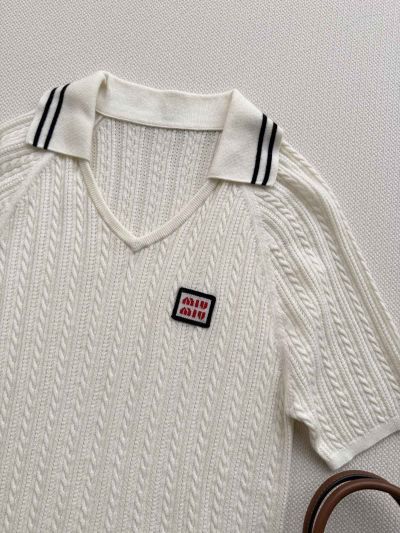 Miu Miu V-Neck Short Sleeve Knit Top in White