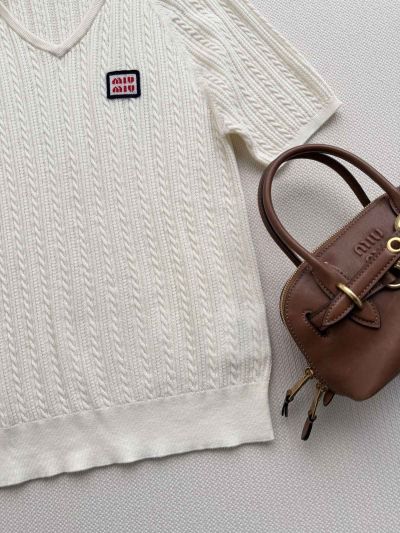 Miu Miu V-Neck Short Sleeve Knit Top in White