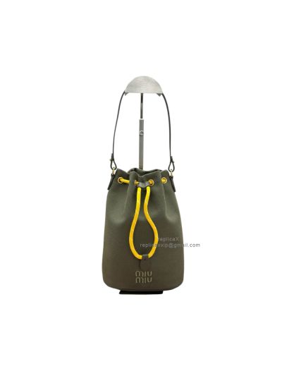 Miu Miu Gabardine Dark Green Technical Fabric Drawstring Bucket Pouch Bag 5NR038 A5740 