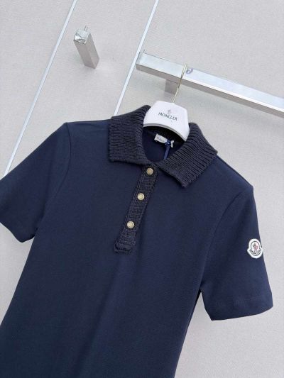 Moncler Short Sleeve Contrast-Trim Dress in Navy