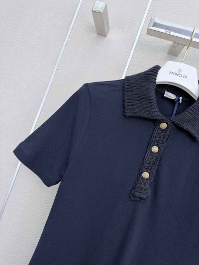 Moncler Short Sleeve Contrast-Trim Dress in Navy