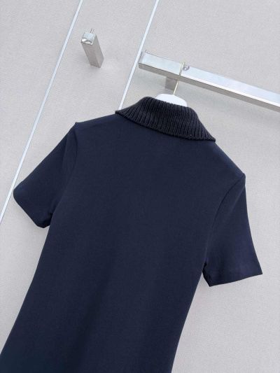 Moncler Short Sleeve Contrast-Trim Dress in Navy
