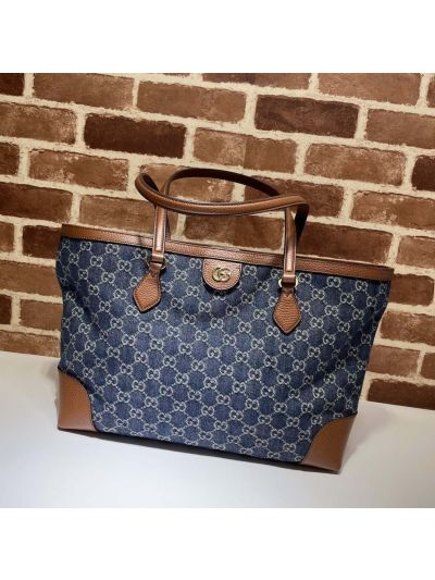 Gucci Ophidia GG Medium Tote Bag Brown Leather and Blue Jumbo GG Canvas 631685