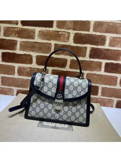 Gucci Ophidia Small Top Handle Shoulder Bag with Web 651055 in Beige Blue GG Supreme Canvas and Black Leather