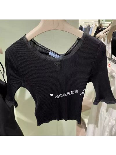Prada Bell Sleeve Lace Knit Top in Black