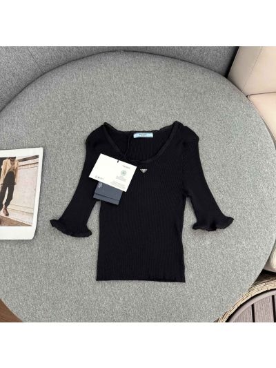 Prada Bell Sleeve Lace Knit Top in Black