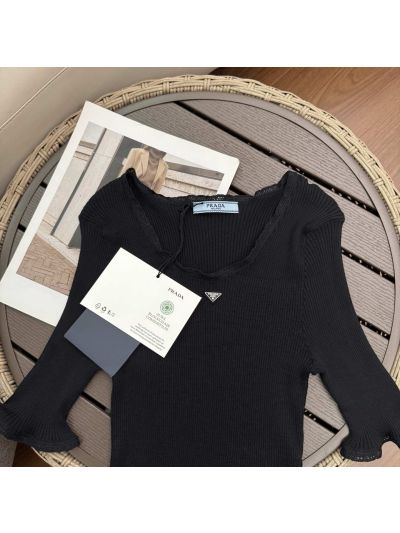 Prada Bell Sleeve Lace Knit Top in Black