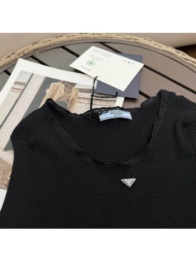 Prada Bell Sleeve Lace Knit Top in Black